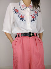 Load image into Gallery viewer, The Embroidery Blouse | Vintage white pink floral embroidery short sleeve blouse M-L
