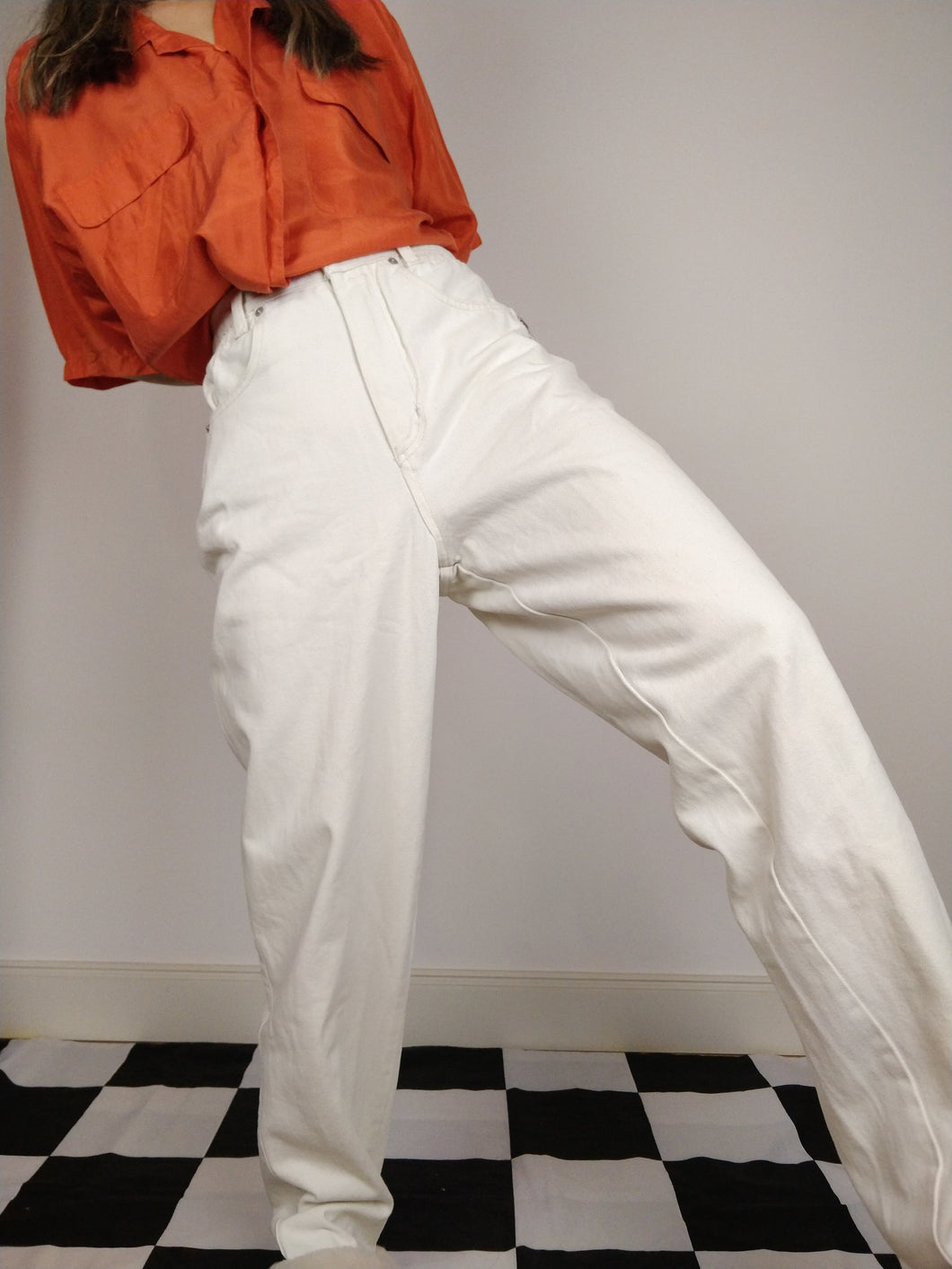 Die weißen Jeans | Vintage weiße Mom-Jeanshose aus Denim mit hoher Taille, Größe ML