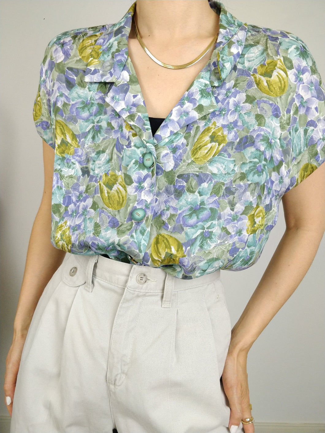 The Flower Romance | Vintage purple green floral flower print pattern blouse L