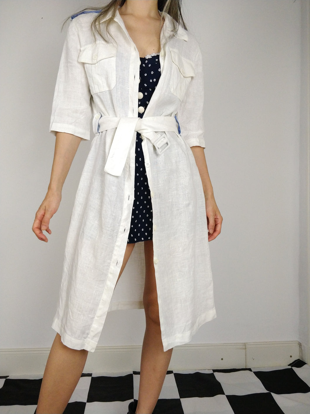 Das Leinenkleid | Vintage Leinen weißes Midikleid Taillengürtel Trenchcoat S