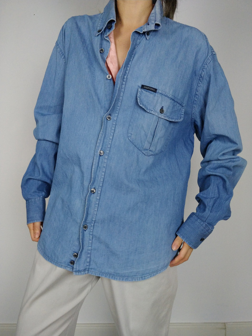Das Valentino-Shirt | Vintage Designer Valentino Blue Jeans Denim Herren Unisex Hemd L
