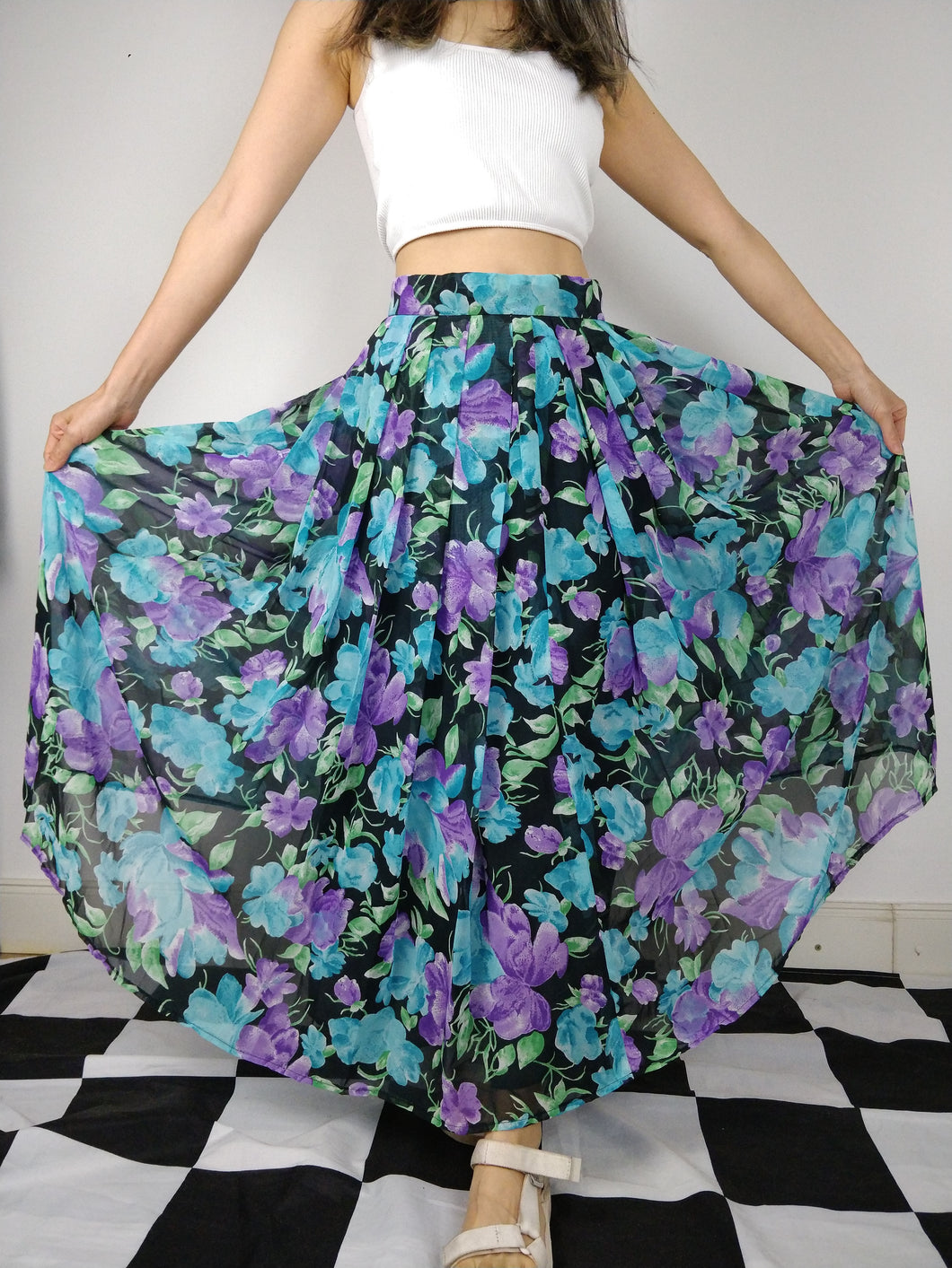 The Purple Skirt | Vintage flower floral pink pattern print long maxi flared skirt purple black blue green XS