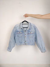 Load image into Gallery viewer, The Wild Denim | Vintage 90s cropped light blue pink embroidery Wild Clothing denim jeans jacket S-M
