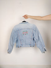 Load image into Gallery viewer, The Wild Denim | Vintage 90s cropped light blue pink embroidery Wild Clothing denim jeans jacket S-M
