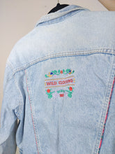 Load image into Gallery viewer, The Wild Denim | Vintage 90s cropped light blue pink embroidery Wild Clothing denim jeans jacket S-M
