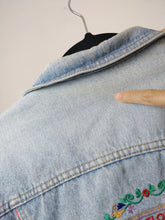 Load image into Gallery viewer, The Wild Denim | Vintage 90s cropped light blue pink embroidery Wild Clothing denim jeans jacket S-M
