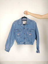 Load image into Gallery viewer, The Blossom Denim | Vintage blue cropped denim jeans jacket flower embroidery S
