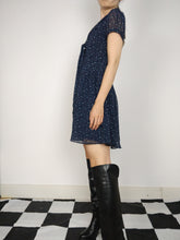 Load image into Gallery viewer, The Cute Navy | Preloved navy blue dress print abstract pattern mini tie collar XS
