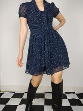Load image into Gallery viewer, The Cute Navy | Preloved navy blue dress print abstract pattern mini tie collar XS
