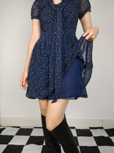 Load image into Gallery viewer, The Cute Navy | Preloved navy blue dress print abstract pattern mini tie collar XS
