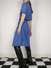 Load image into Gallery viewer, The Cornflower Blue Dress | Vintage blue pattern print midi pleated dress short sleeves M
