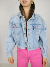 Load image into Gallery viewer, The Wild Denim | Vintage 90s cropped light blue pink embroidery Wild Clothing denim jeans jacket S-M
