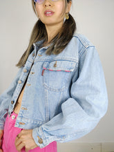 Load image into Gallery viewer, The Wild Denim | Vintage 90s cropped light blue pink embroidery Wild Clothing denim jeans jacket S-M
