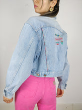 Load image into Gallery viewer, The Wild Denim | Vintage 90s cropped light blue pink embroidery Wild Clothing denim jeans jacket S-M
