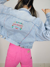 Load image into Gallery viewer, The Wild Denim | Vintage 90s cropped light blue pink embroidery Wild Clothing denim jeans jacket S-M
