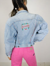 Load image into Gallery viewer, The Wild Denim | Vintage 90s cropped light blue pink embroidery Wild Clothing denim jeans jacket S-M
