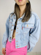 Load image into Gallery viewer, The Wild Denim | Vintage 90s cropped light blue pink embroidery Wild Clothing denim jeans jacket S-M
