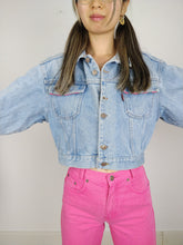 Load image into Gallery viewer, The Wild Denim | Vintage 90s cropped light blue pink embroidery Wild Clothing denim jeans jacket S-M
