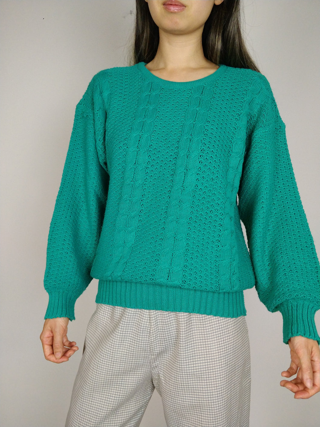 The Green Knit | Vintage sweater knit pullover cable knit pattern turquoise green S-M