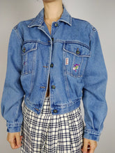 Load image into Gallery viewer, The Blossom Denim | Vintage blue cropped denim jeans jacket flower embroidery S
