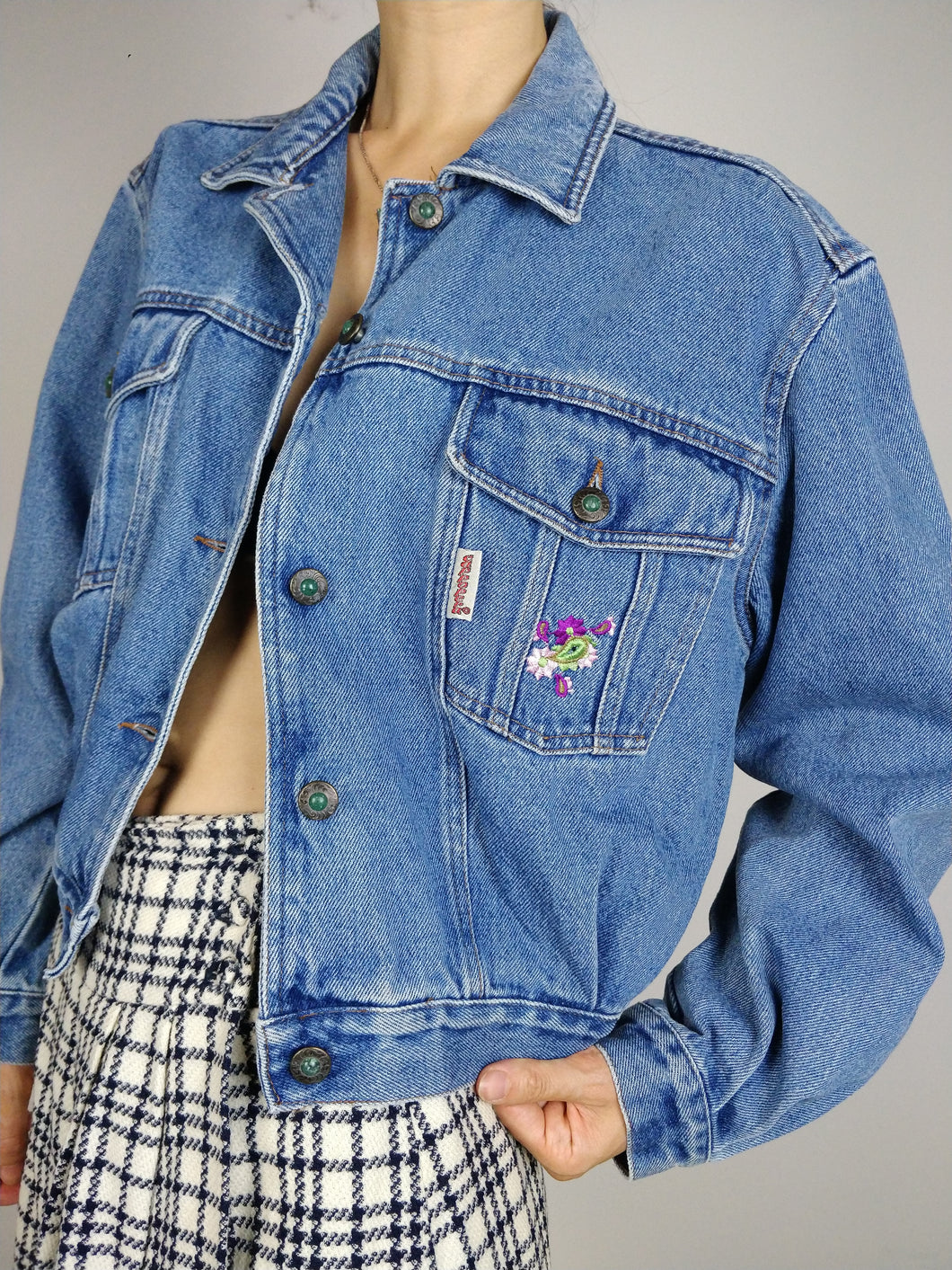 The Blossom Denim | Vintage blue cropped denim jeans jacket flower embroidery S