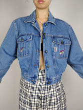 Load image into Gallery viewer, The Blossom Denim | Vintage blue cropped denim jeans jacket flower embroidery S
