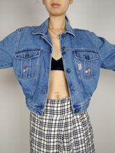 Load image into Gallery viewer, The Blossom Denim | Vintage blue cropped denim jeans jacket flower embroidery S
