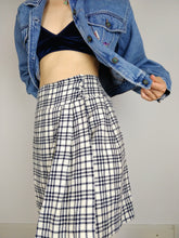 Load image into Gallery viewer, The White Tartan | Vintage wool white cream checker black blue tartan plaid school mid length wrap skirt S
