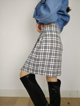 Load image into Gallery viewer, The White Tartan | Vintage wool white cream checker black blue tartan plaid school mid length wrap skirt S
