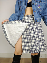 Load image into Gallery viewer, The White Tartan | Vintage wool white cream checker black blue tartan plaid school mid length wrap skirt S
