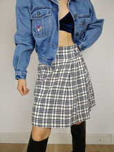Load image into Gallery viewer, The White Tartan | Vintage wool white cream checker black blue tartan plaid school mid length wrap skirt S
