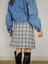 Load image into Gallery viewer, The White Tartan | Vintage wool white cream checker black blue tartan plaid school mid length wrap skirt S
