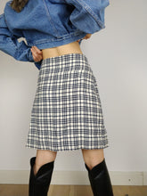 Load image into Gallery viewer, The White Tartan | Vintage wool white cream checker black blue tartan plaid school mid length wrap skirt S

