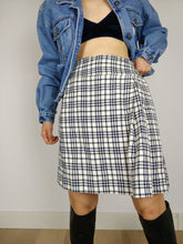 Load image into Gallery viewer, The White Tartan | Vintage wool white cream checker black blue tartan plaid school mid length wrap skirt S
