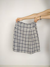 Load image into Gallery viewer, The White Tartan | Vintage wool white cream checker black blue tartan plaid school mid length wrap skirt S
