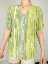 Load image into Gallery viewer, The Green Kiwi | Vintage blouse stripe pattern print green short sleeve M
