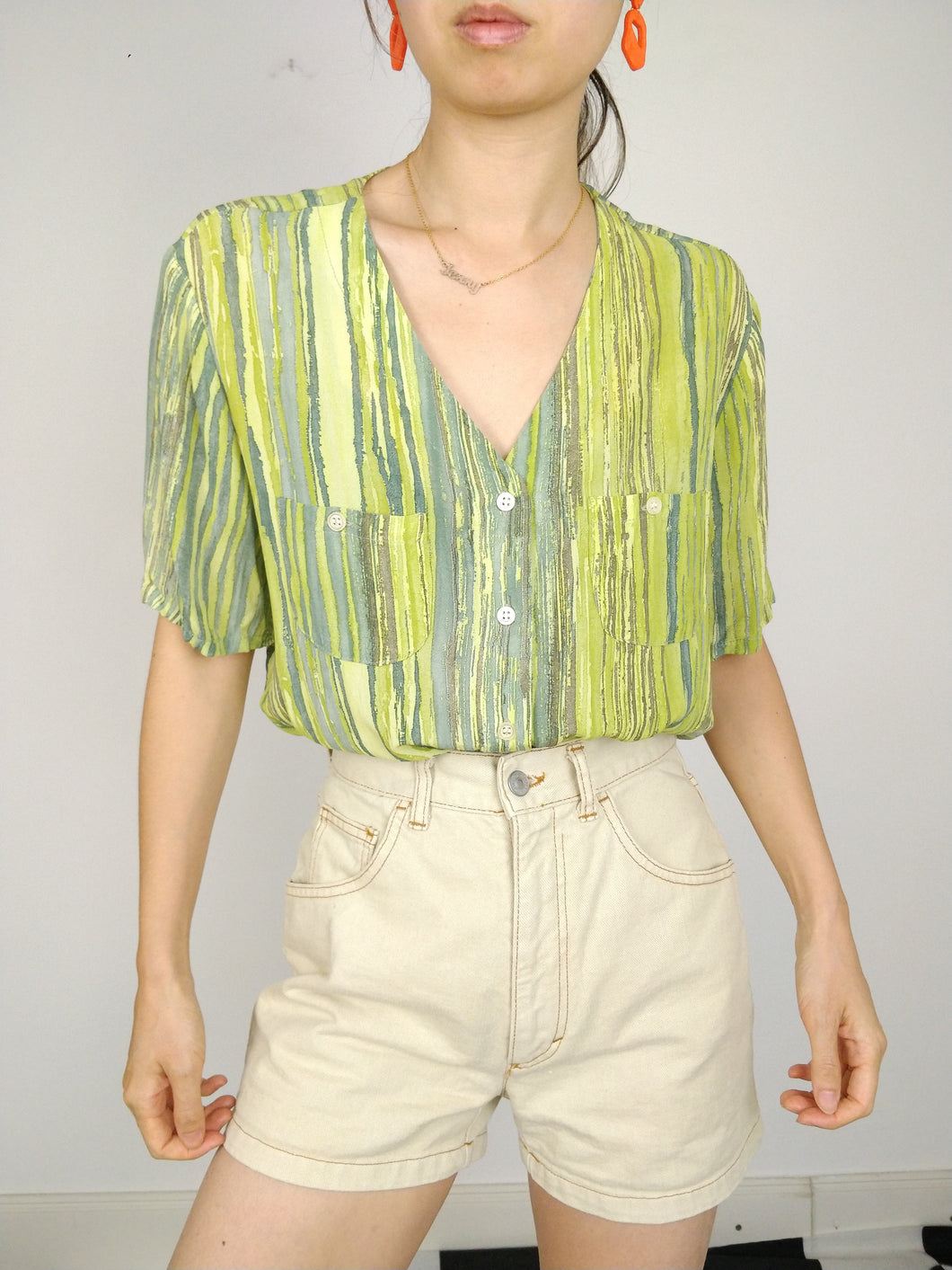 The Green Kiwi | Vintage blouse stripe pattern print green short sleeve M