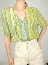 Load image into Gallery viewer, The Green Kiwi | Vintage blouse stripe pattern print green short sleeve M
