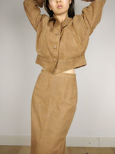 Load image into Gallery viewer, The Brown Suede Set | Vintage faux suede leather bomber jacket and high waist pencil skirt XS-S
