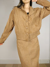 Load image into Gallery viewer, The Brown Suede Set | Vintage faux suede leather bomber jacket and high waist pencil skirt XS-S
