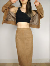 Load image into Gallery viewer, The Brown Suede Set | Vintage faux suede leather bomber jacket and high waist pencil skirt XS-S
