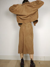 Load image into Gallery viewer, The Brown Suede Set | Vintage faux suede leather bomber jacket and high waist pencil skirt XS-S
