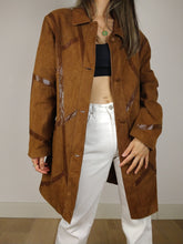 Load image into Gallery viewer, The Suede Lines | Vintage real suede leather jacket shiny line pattern coat brown S-M

