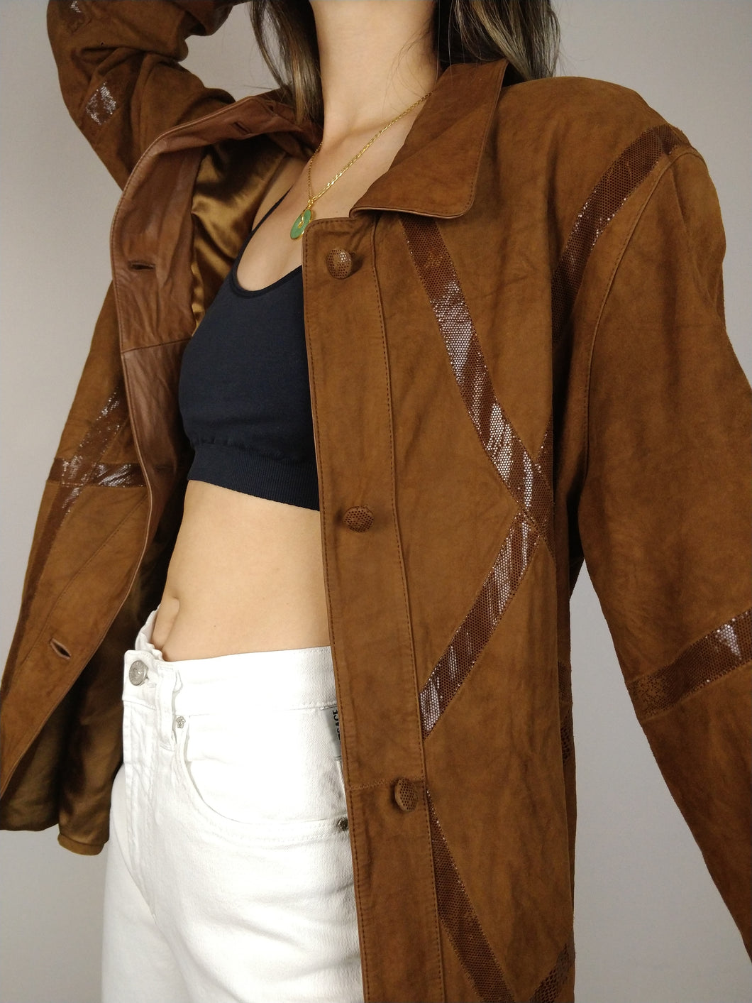 The Suede Lines | Vintage real suede leather jacket shiny line pattern coat brown S-M