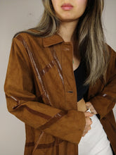 Load image into Gallery viewer, The Suede Lines | Vintage real suede leather jacket shiny line pattern coat brown S-M
