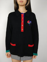 Load image into Gallery viewer, The Black 80s Knit | Vintage wool mix knit sweater embroidery black red blue green polo collar M
