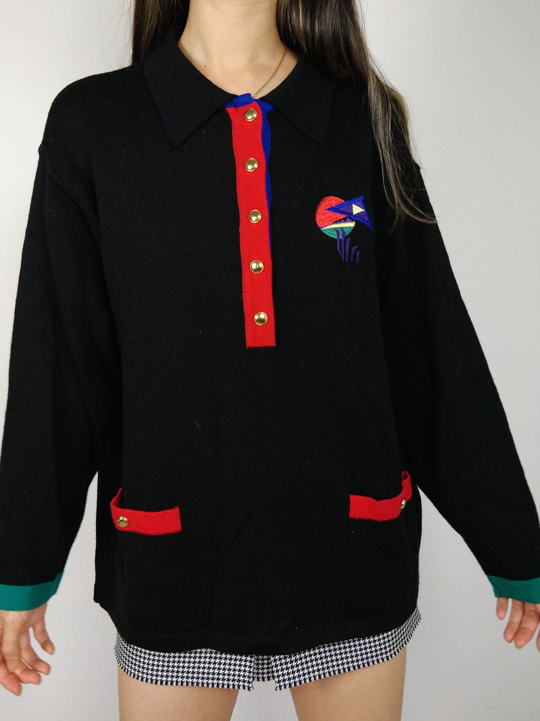 The Black 80s Knit | Vintage wool mix knit sweater embroidery black red blue green polo collar M