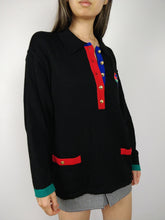 Load image into Gallery viewer, The Black 80s Knit | Vintage wool mix knit sweater embroidery black red blue green polo collar M
