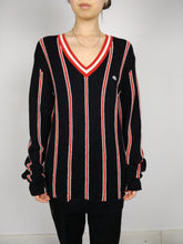 Load image into Gallery viewer, The Black Lacoste | Vintage sweater alpaca wool knit black red stripe V neck college designer M
