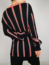Load image into Gallery viewer, The Black Lacoste | Vintage sweater alpaca wool knit black red stripe V neck college designer M
